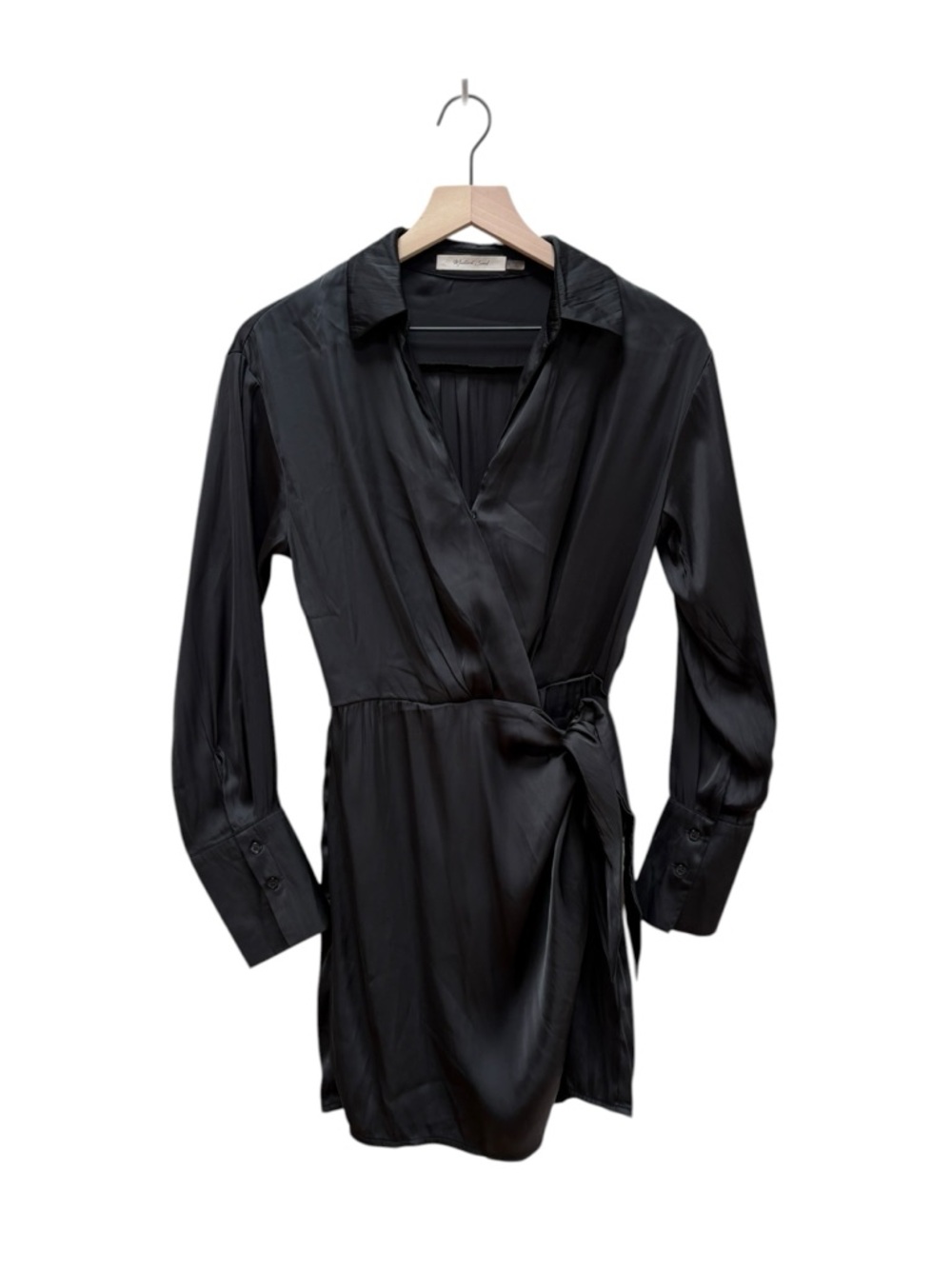 Mustard Seed Black Satin Collared Wrap Mini Dress